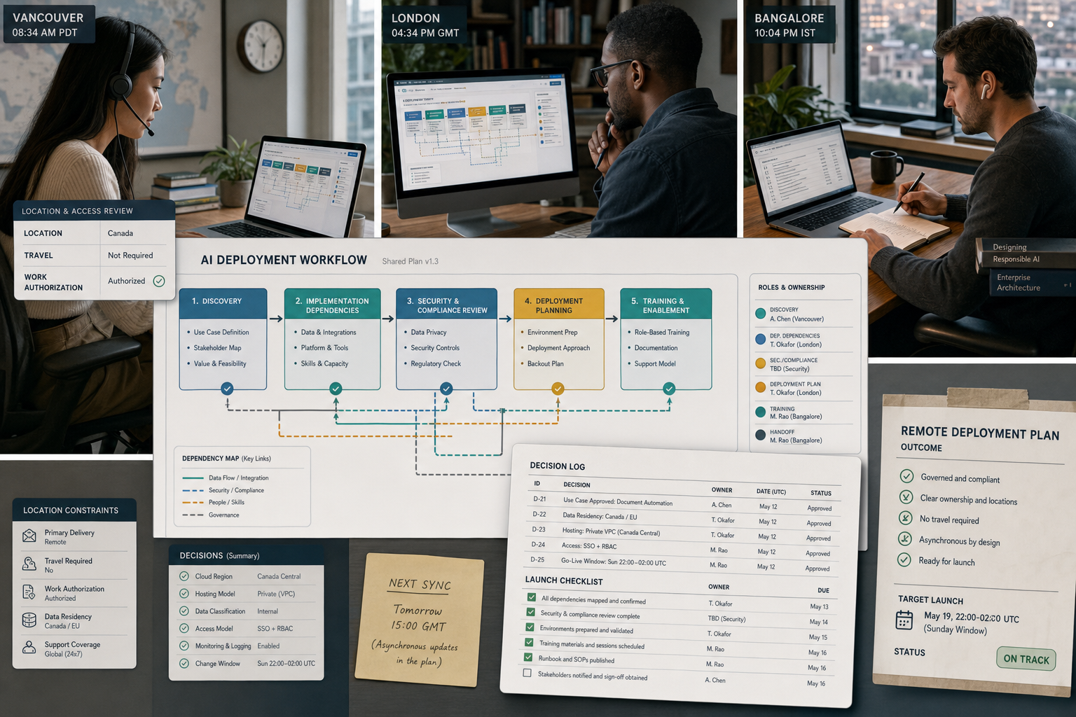 Remote AI deployment team aligning location, ownership and delivery requirements for an enterprise workflow.