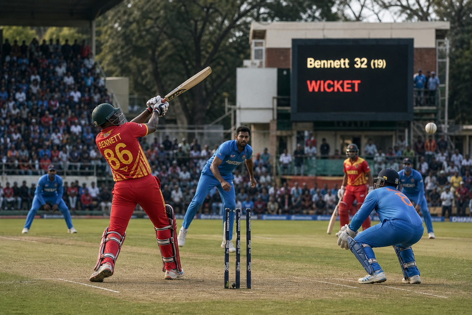 Brian Bennett India के खिलाफ 19 गेंदों पर 32 रन बनाने के बाद आउट होते हुए और Zimbabwe की पारी दबाव में आती हुई