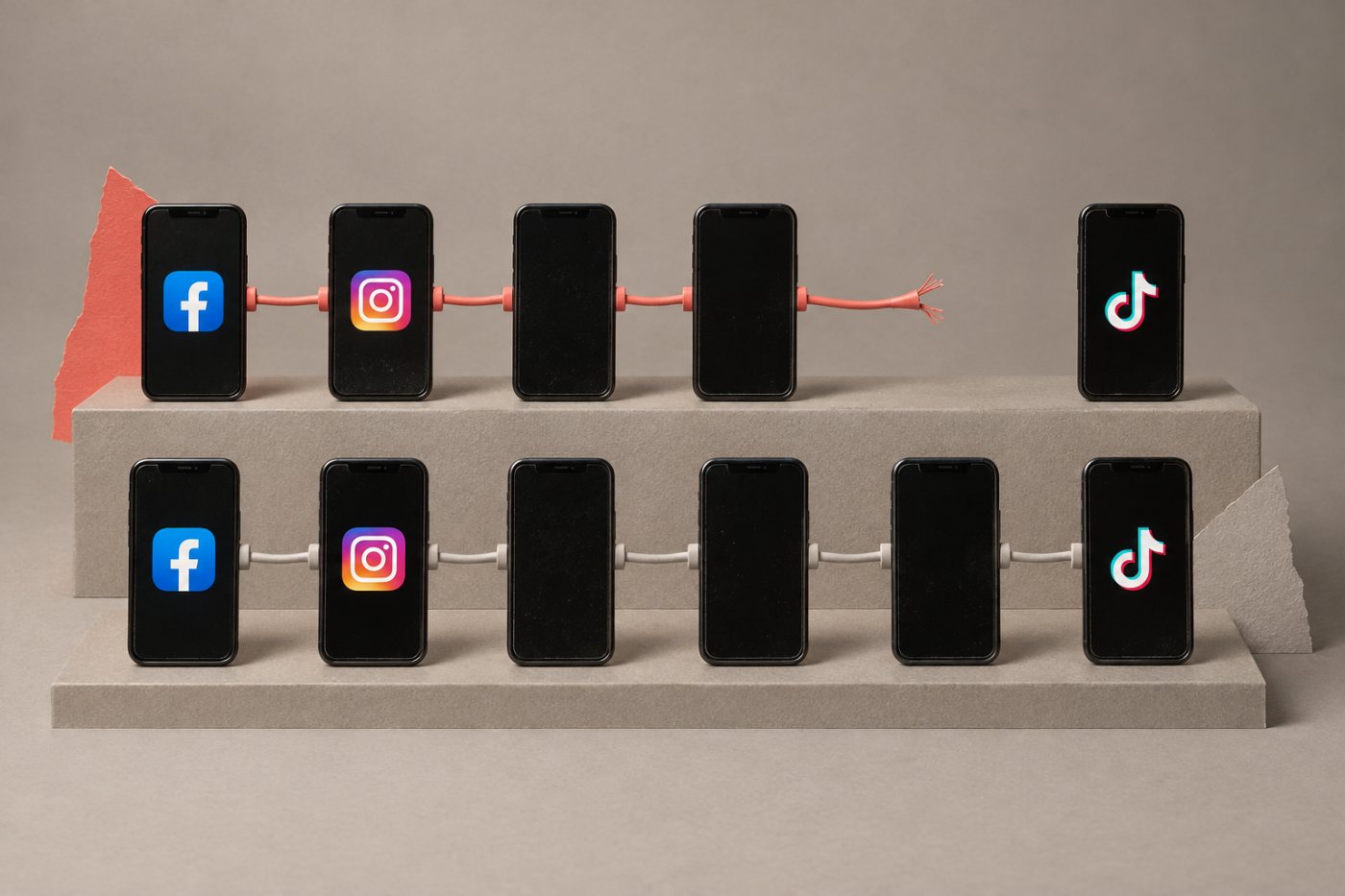 Perbandingan jalur iklan Meta menuju TikTok yang dibatasi dan tautan organik yang berada di luar pembatasan iklan.