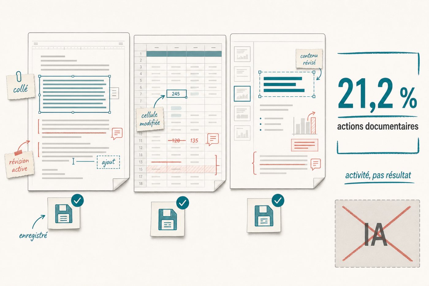 Des actions humaines se multiplient dans Word, Excel et PowerPoint après l’activation de Copilot, sans mesurer directement la production finale.