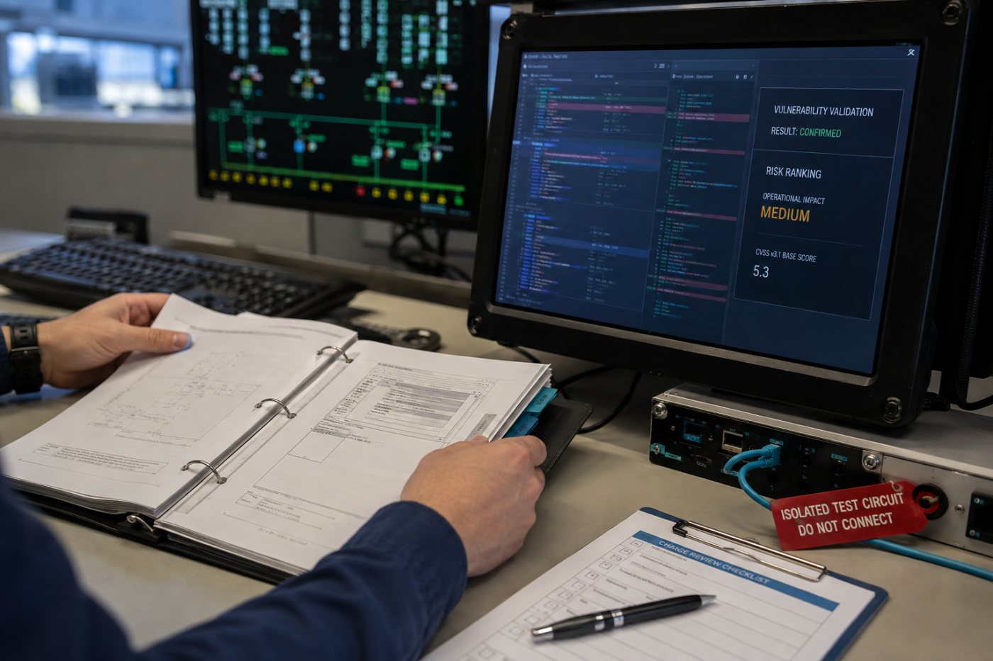 Equipe autorizada de uma rede elétrica valida uma vulnerabilidade e prepara uma correção sem interromper o serviço.