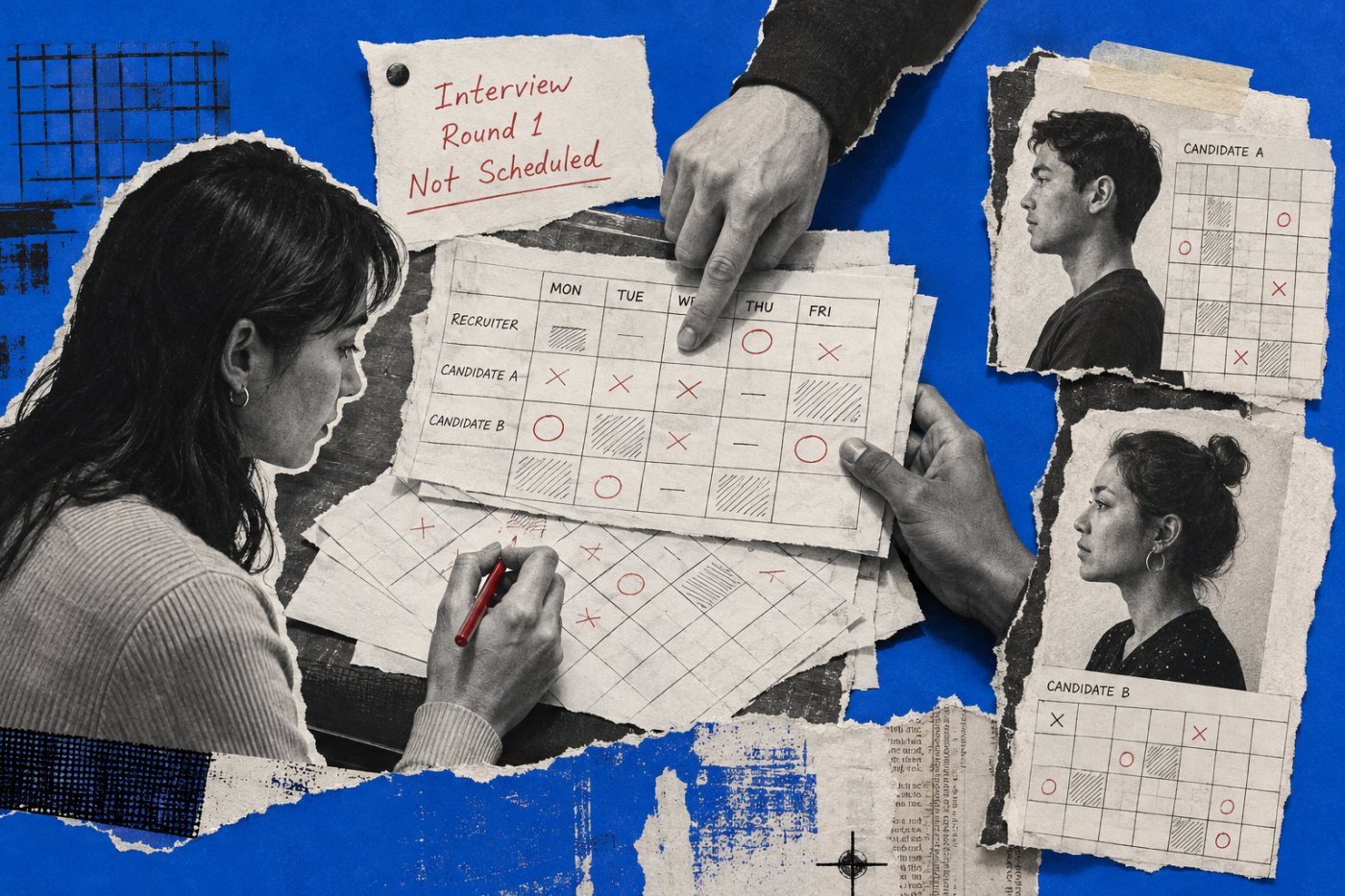 Reclutadores y candidatos tienen una entrevista pendiente mientras coordinan disponibilidades y cambios de calendario.