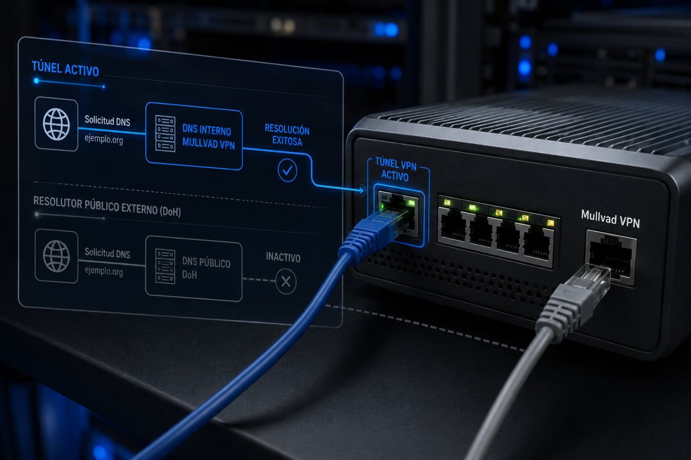 Una conexión activa de Mullvad VPN sigue resolviendo consultas mediante su DNS interno, separado del servicio público que cierra.