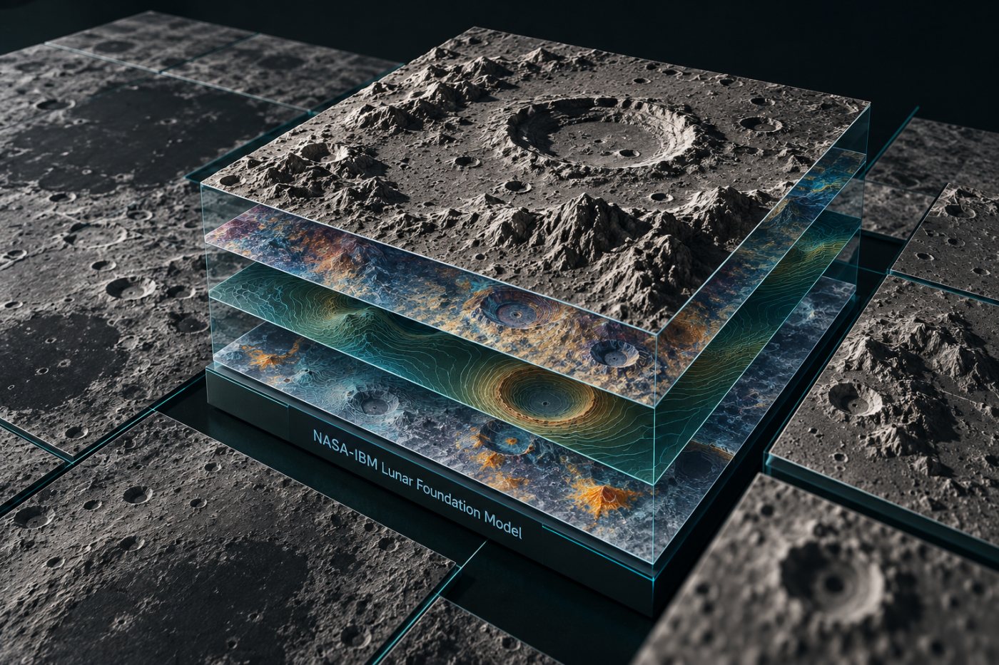 Data multiresolusi dari wilayah Bulan yang sama disejajarkan menjadi tile untuk Lunar Foundation Model