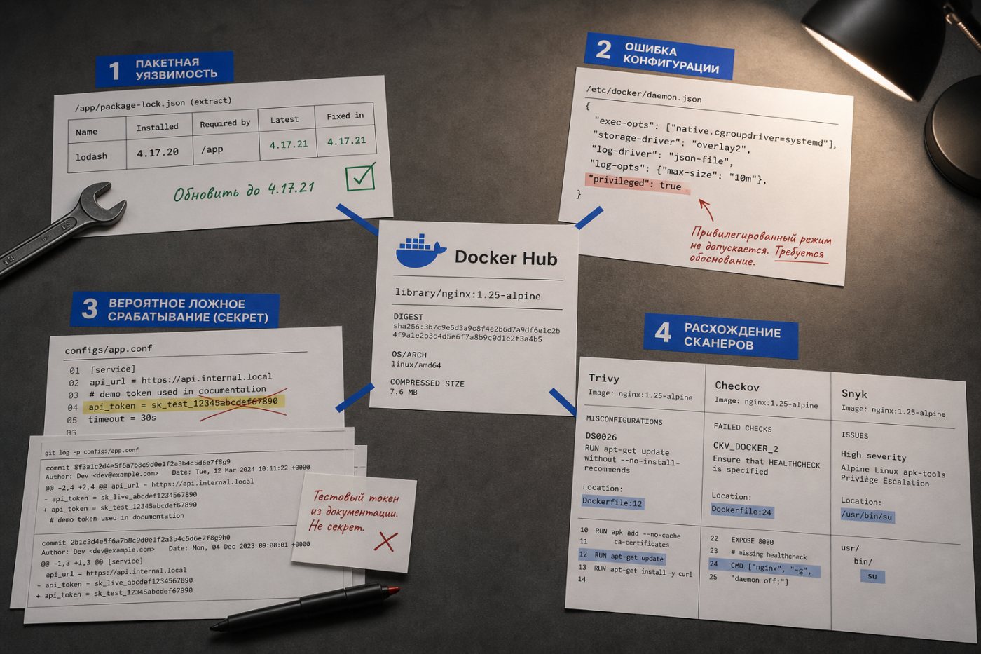 Разделение находок в образах Docker Hub на исправляемые уязвимости, ошибки конфигурации, вероятные ложные секреты и расхождения сканеров