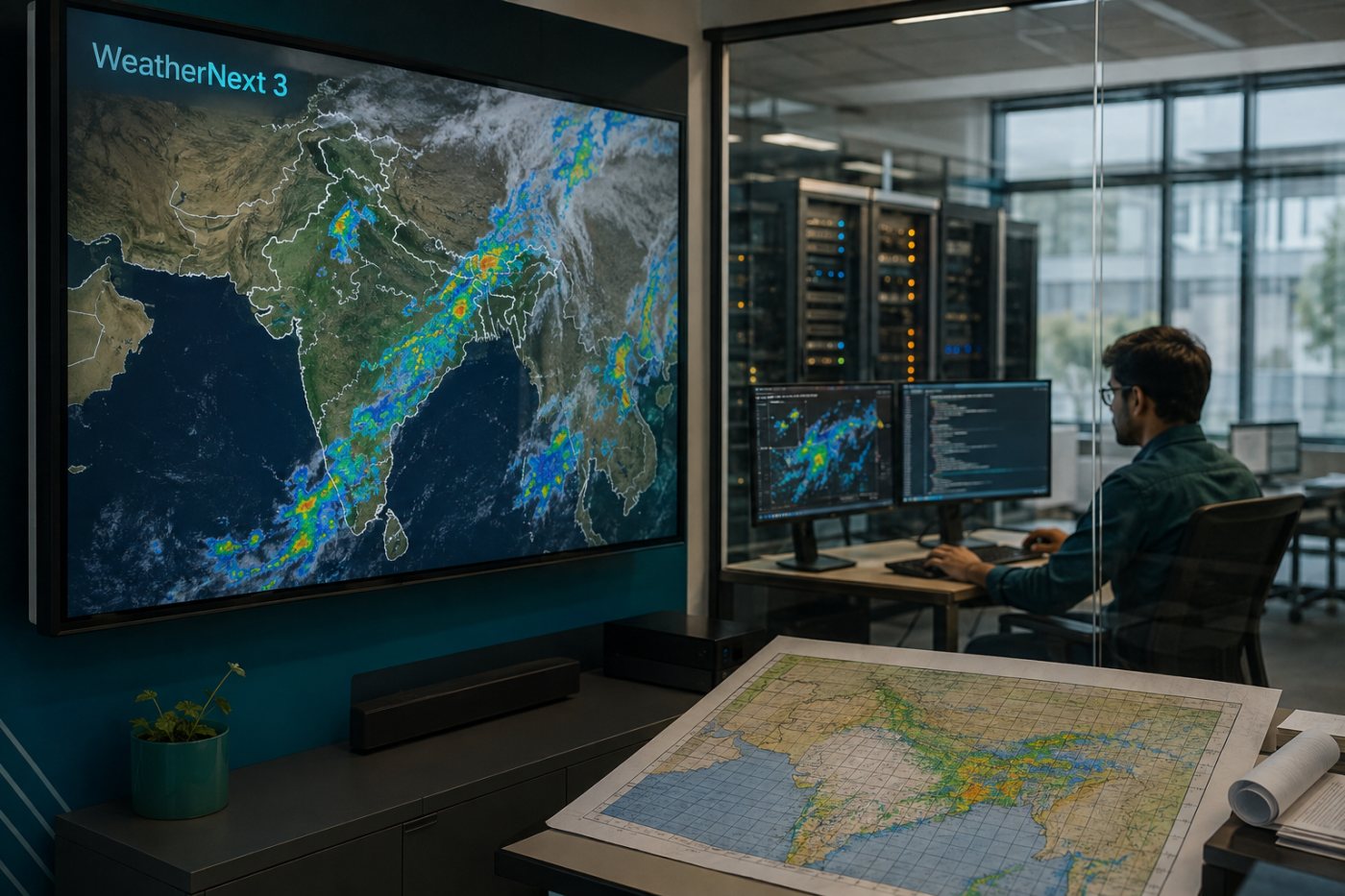 WeatherNext 3 के प्रति घंटे परिणामों का Google सेवाओं और विस्तृत क्लाउड आँकड़ों में अलग रूप से वितरण