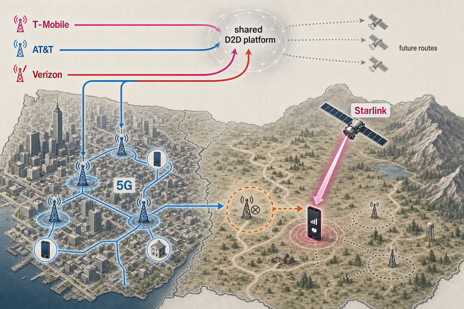 T-Mobile, AT&T, and Verizon prepare a shared satellite platform while Starlink remains T-Mobile’s current provider.