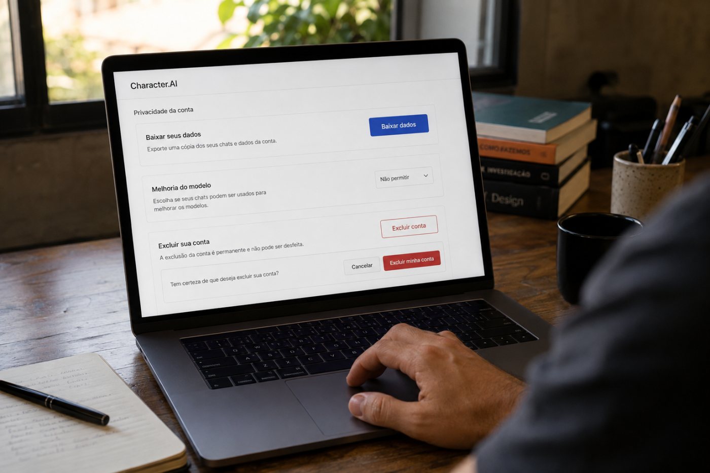 Controles da conta do Character.AI para exportar dados, revisar privacidade e excluir a conta.