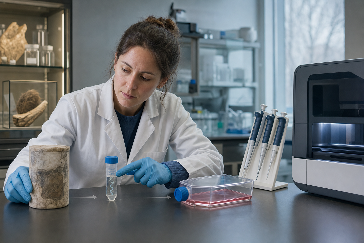 A researcher compares ancient DNA, a living-relative genome, and a cell culture in de-extinction research