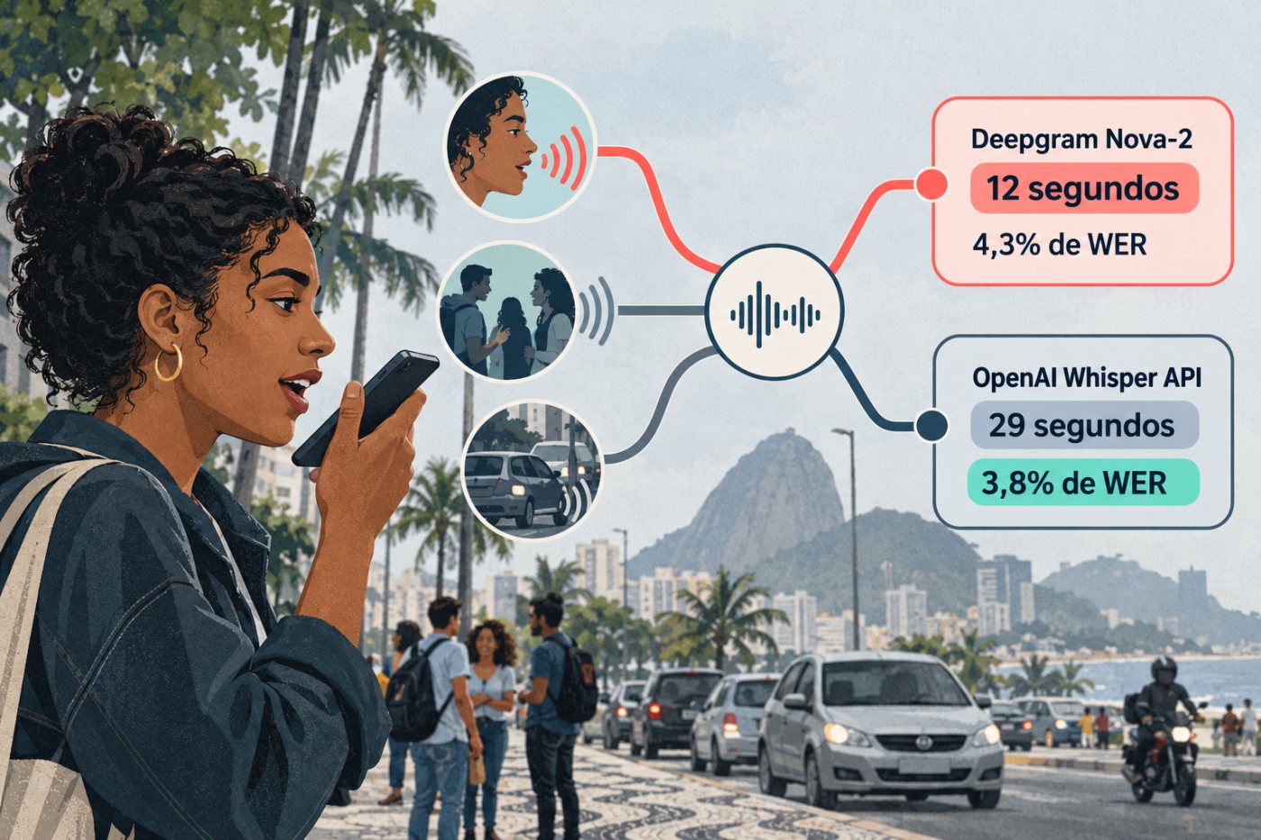 Gravação de uma fala em português em meio a ruído e vozes sobrepostas, condições que podem alterar a taxa de erro da transcrição.