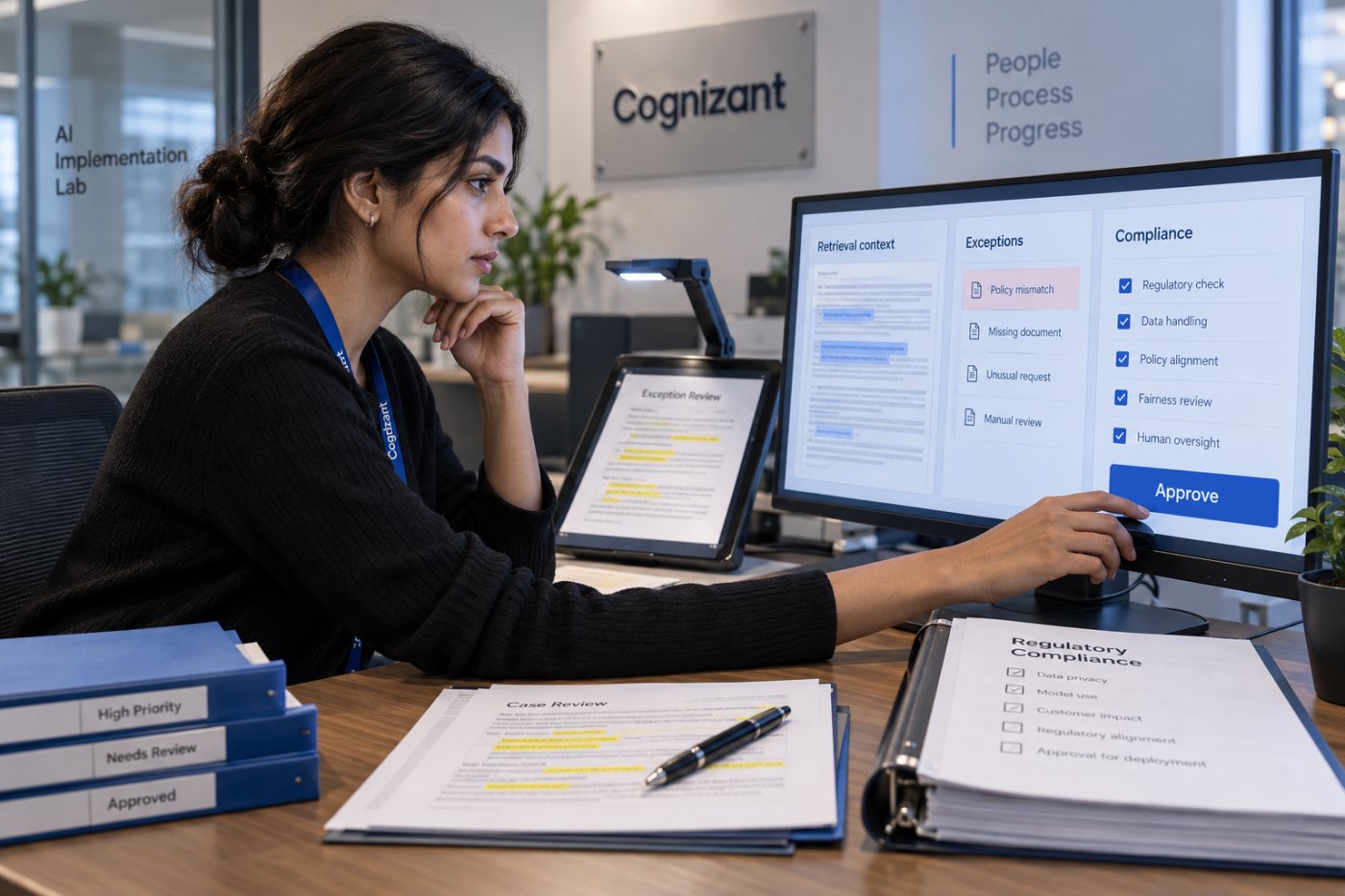 Profissional avalia contexto, exceções e requisitos de governança antes de colocar agentes de IA em produção.