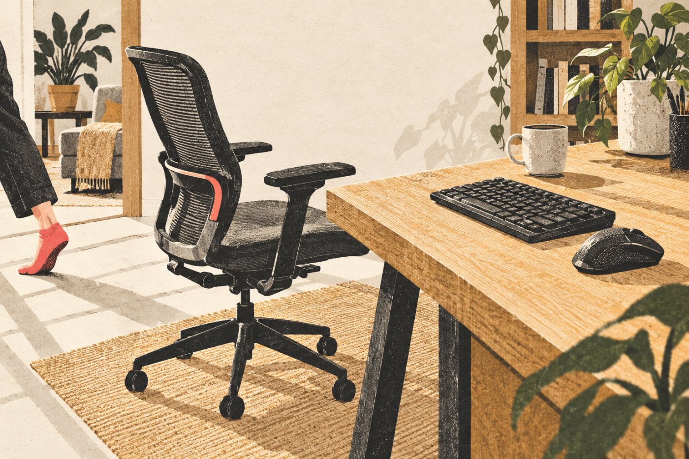 Práca z domu s ergonomickým vybavením a prestávkou od sedenia.