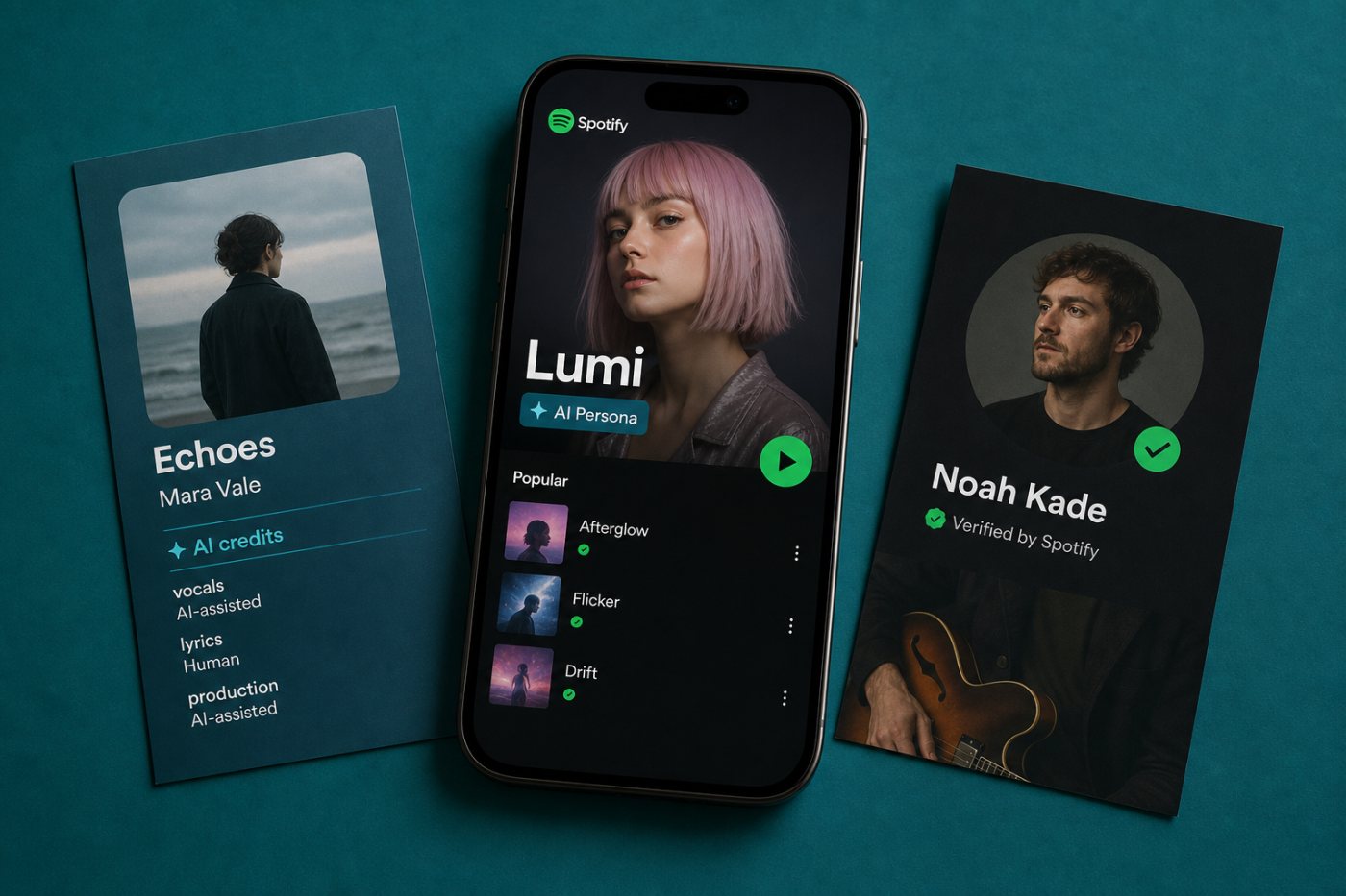 Spotify separates an AI-generated artist identity from AI production credits attached to a track.
