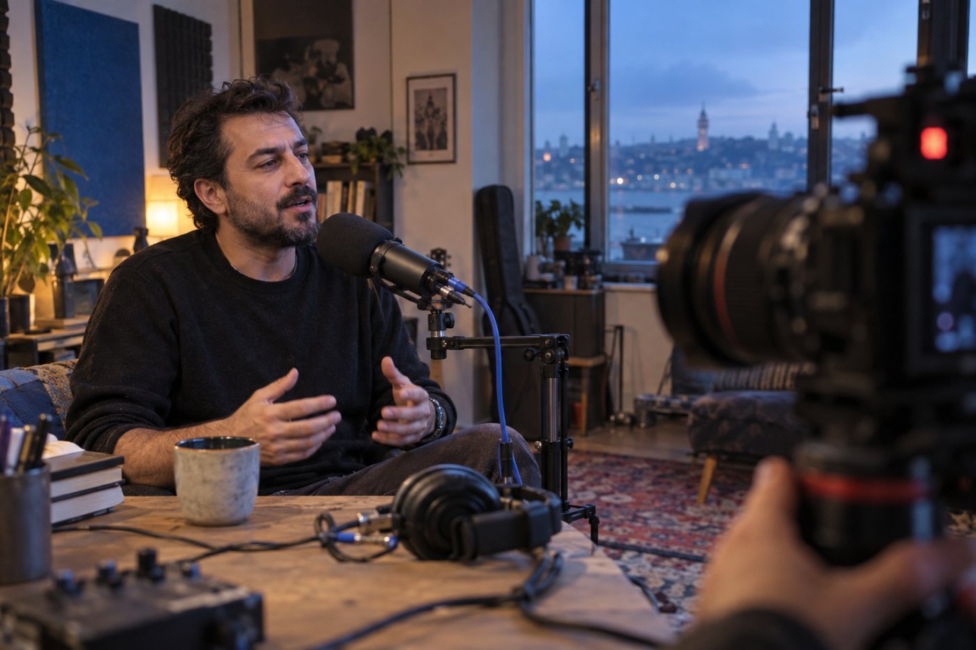 Video kamerasının podcast mikrofonuna eklenmesi, sesli yayından görüntülü yayına geçişi gösteriyor.