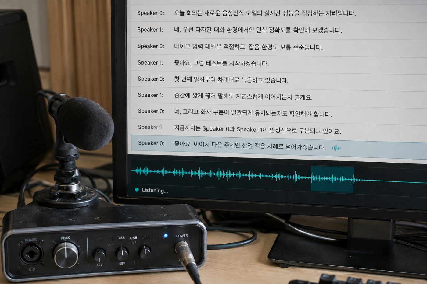 VibeVoice-ASR-Streaming-7B가 한국어 대화의 음성 조각을 받아 기존 화자 표지를 유지하며 전사를 누적하는 과정