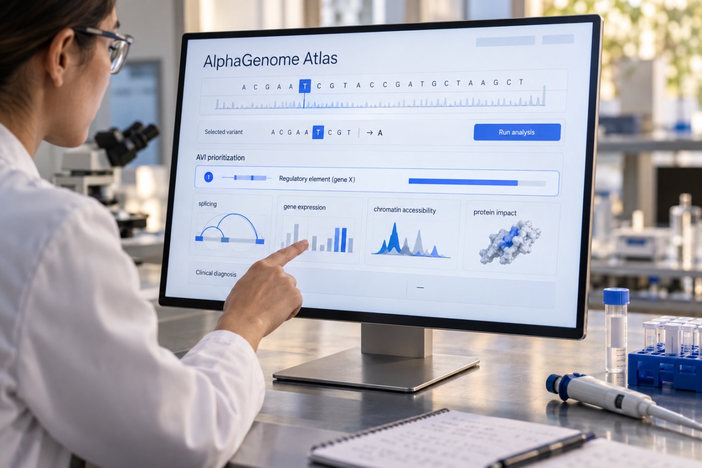Consulta de uma variante no AlphaGenome Atlas retorna AVI score e contribuições moleculares previstas.
