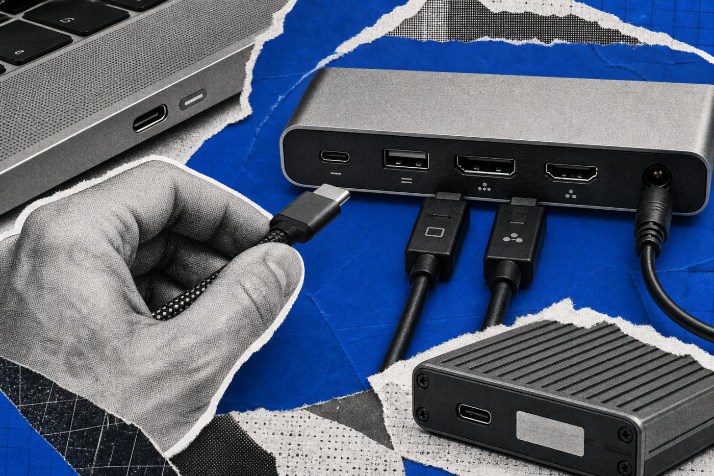 Host, dock, cable and external drive checked as separate links before purchase