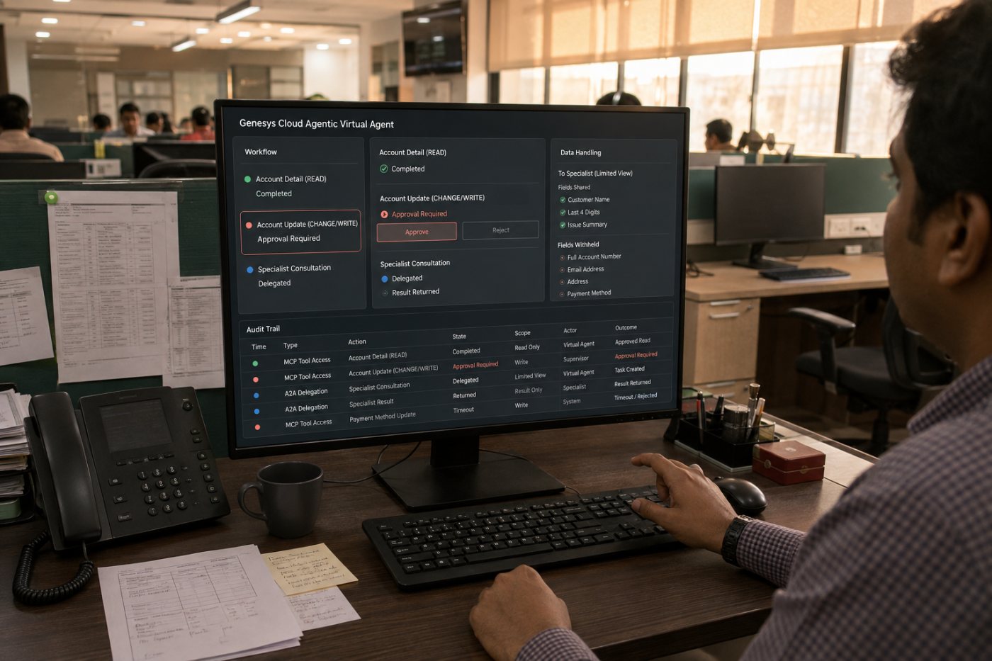 MCP-তে অনুমোদিত read action চলছে, sensitive write action থেমেছে এবং A2A agent সীমিত তথ্য পাচ্ছে