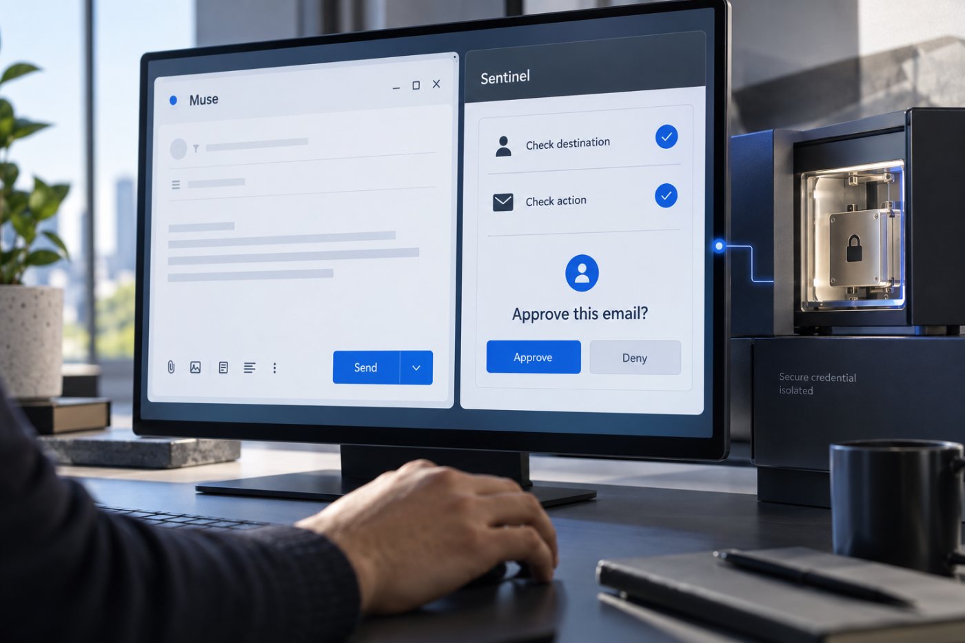 Sentinel يفحص طلب Muse لإرسال بريد ويحجب بيانات الاعتماد حتى يوافق المستخدم