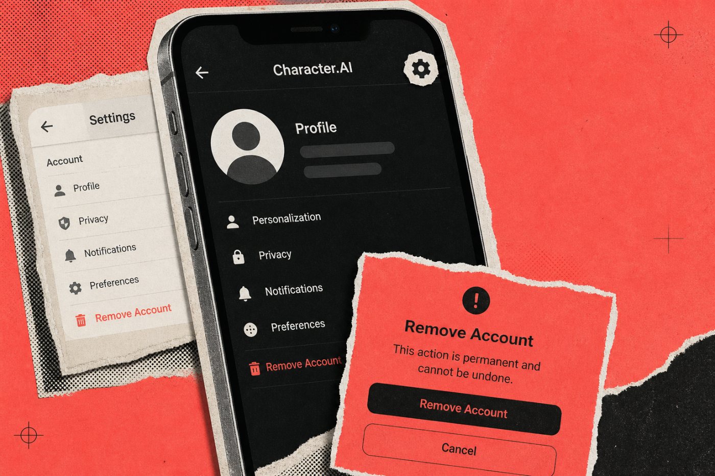 Proses penghapusan akun Character.AI di aplikasi melalui profil, pengaturan, dan konfirmasi Remove Account.