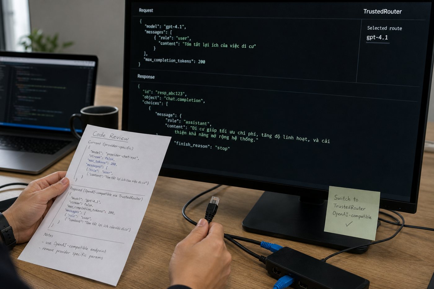 Một yêu cầu ứng dụng đi qua API tương thích OpenAI của TrustedRouter và được giao cho một tuyến mô hình phù hợp.