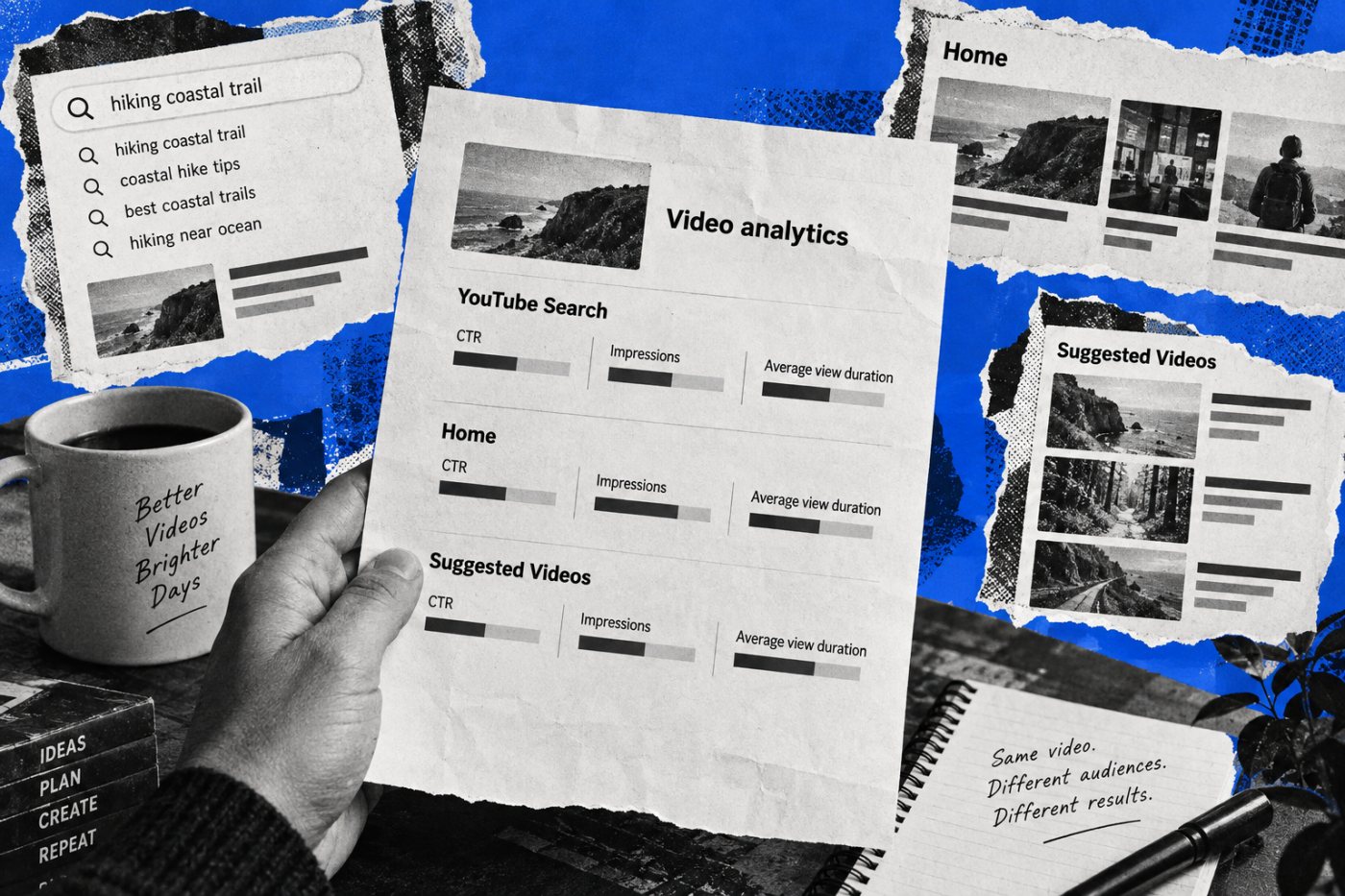 Раздельная оценка поиска YouTube, главной страницы и рекомендованных видео по показам, CTR и длительности просмотра.