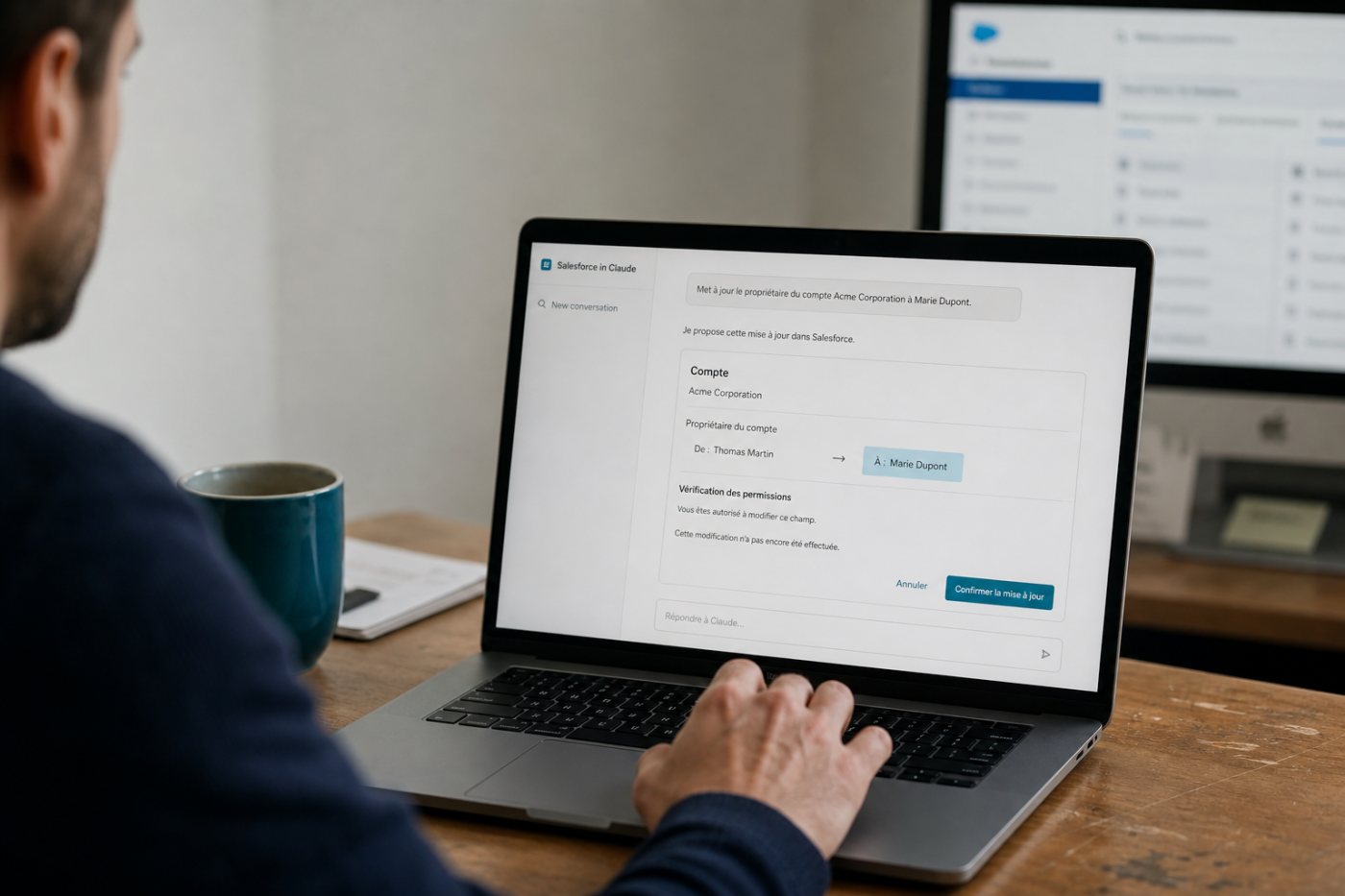 Une mise à jour préparée dans Claude reste bloquée jusqu’à la validation prévue par les permissions et règles Salesforce.
