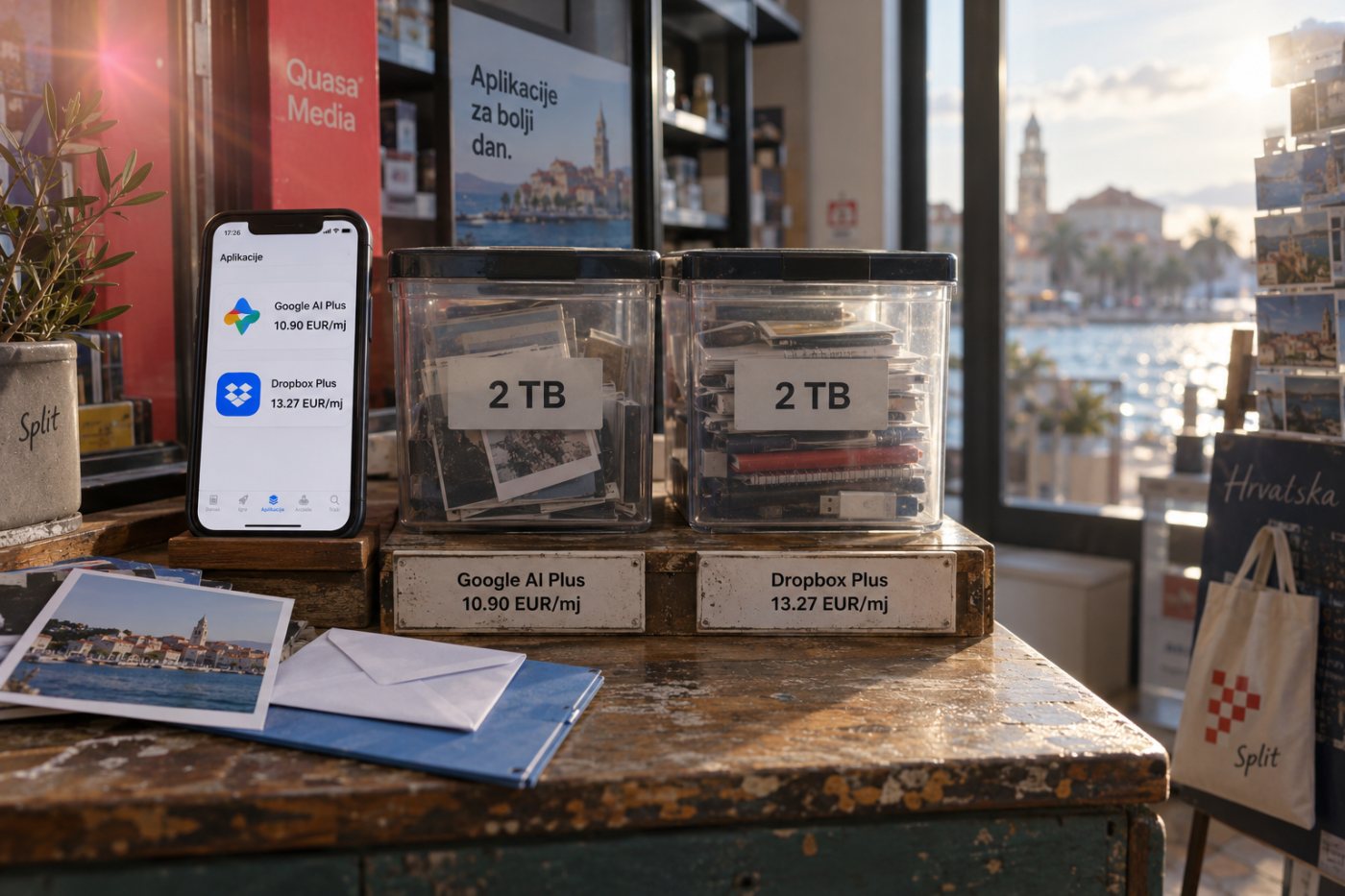 Usporedba hrvatskih mjesečnih cijena za 2 TB prostora u Google AI Plusu i Dropbox Plusu.