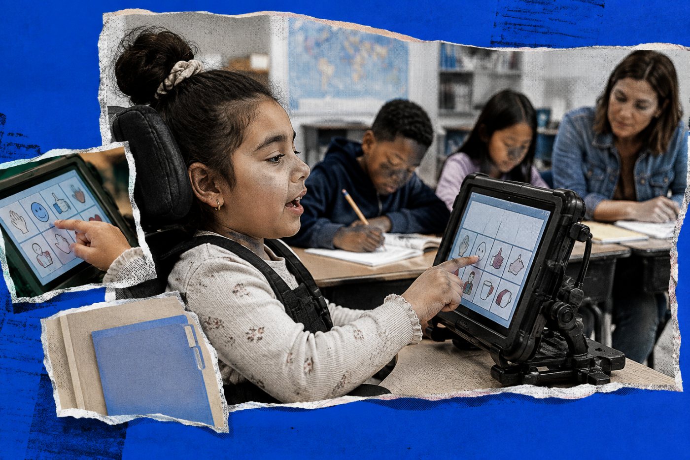IEP বা 504 Plan অনুযায়ী সহায়ক প্রযুক্তি ব্যবহার করে NYCPS-এর একজন শিক্ষার্থী শ্রেণিকক্ষের পাঠে অংশ নিচ্ছে