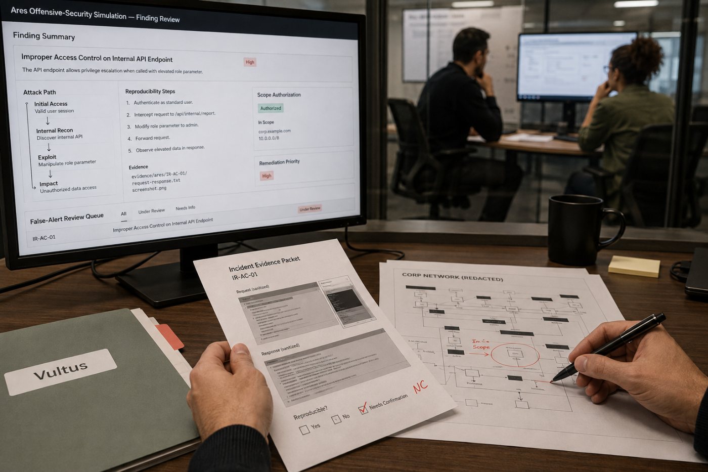 Equipe valida evidências, escopo e alertas produzidos por uma simulação ofensiva do Ares.
