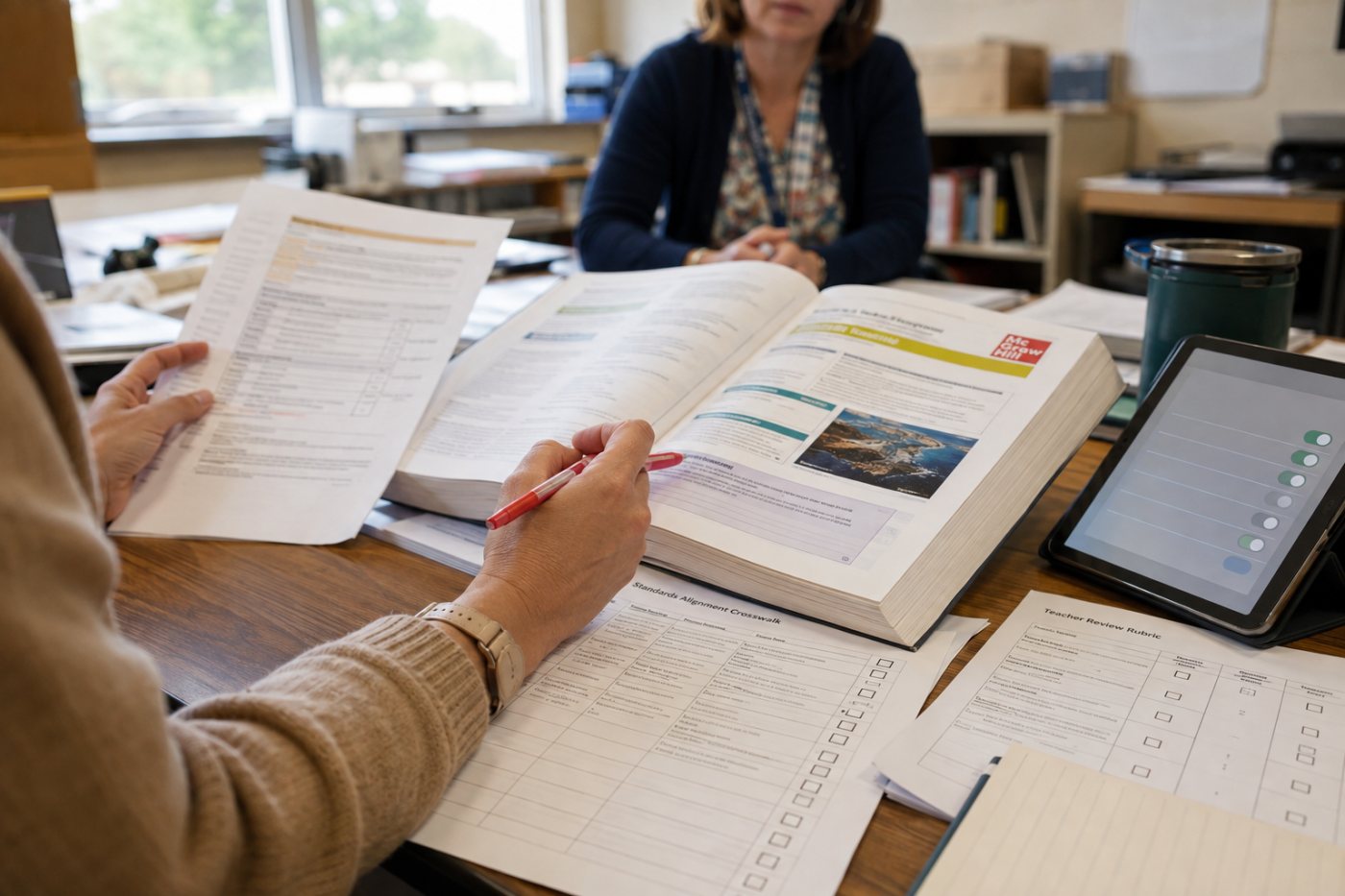 School reviewers examine source grounding, standards alignment, teacher controls and data safeguards before deployment.