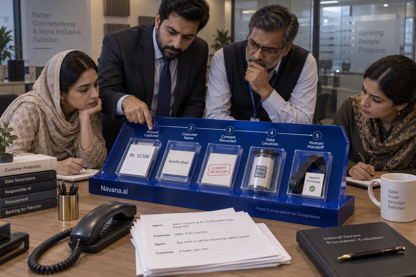 پاکستانی بینک کی ٹیم اردو انگریزی call پر data residency، درست رقم اور human handoff جانچتے ہوئے