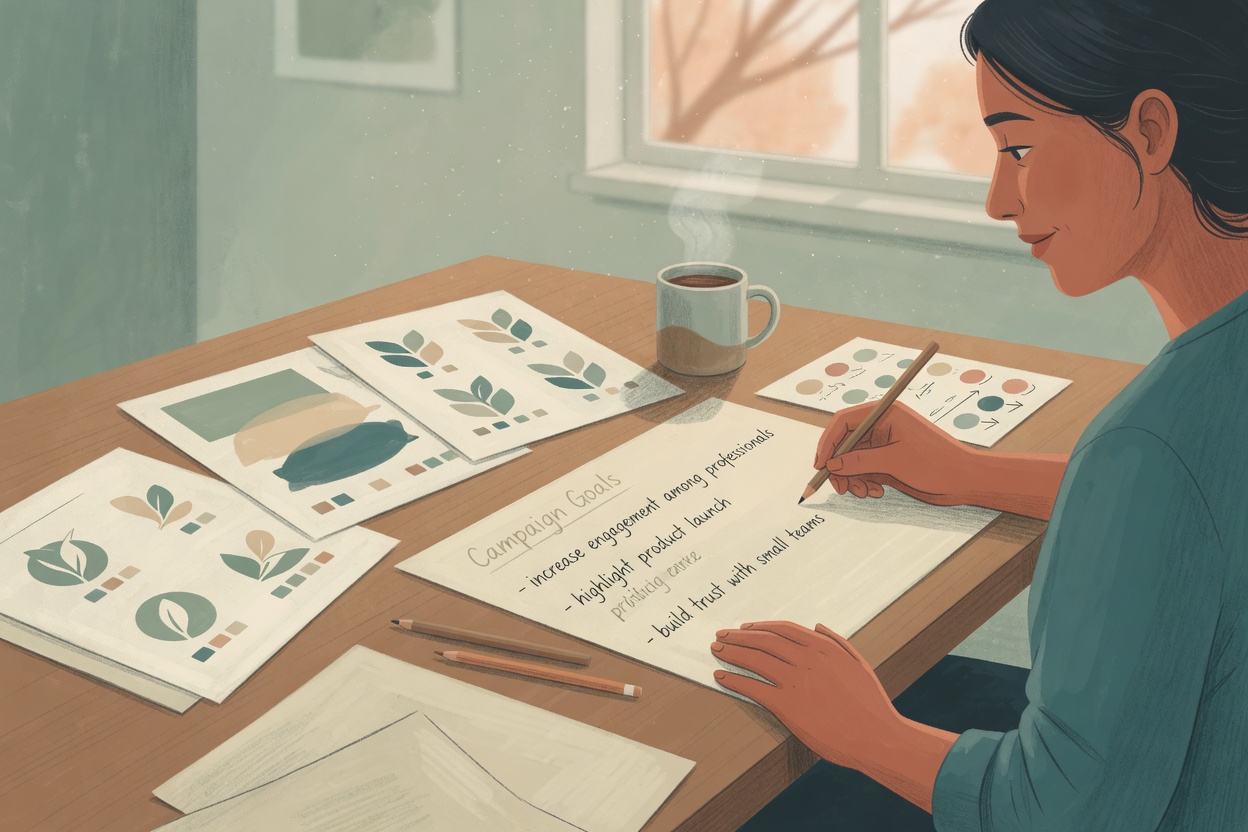 Person recording ad campaign details in a notebook alongside brand materials