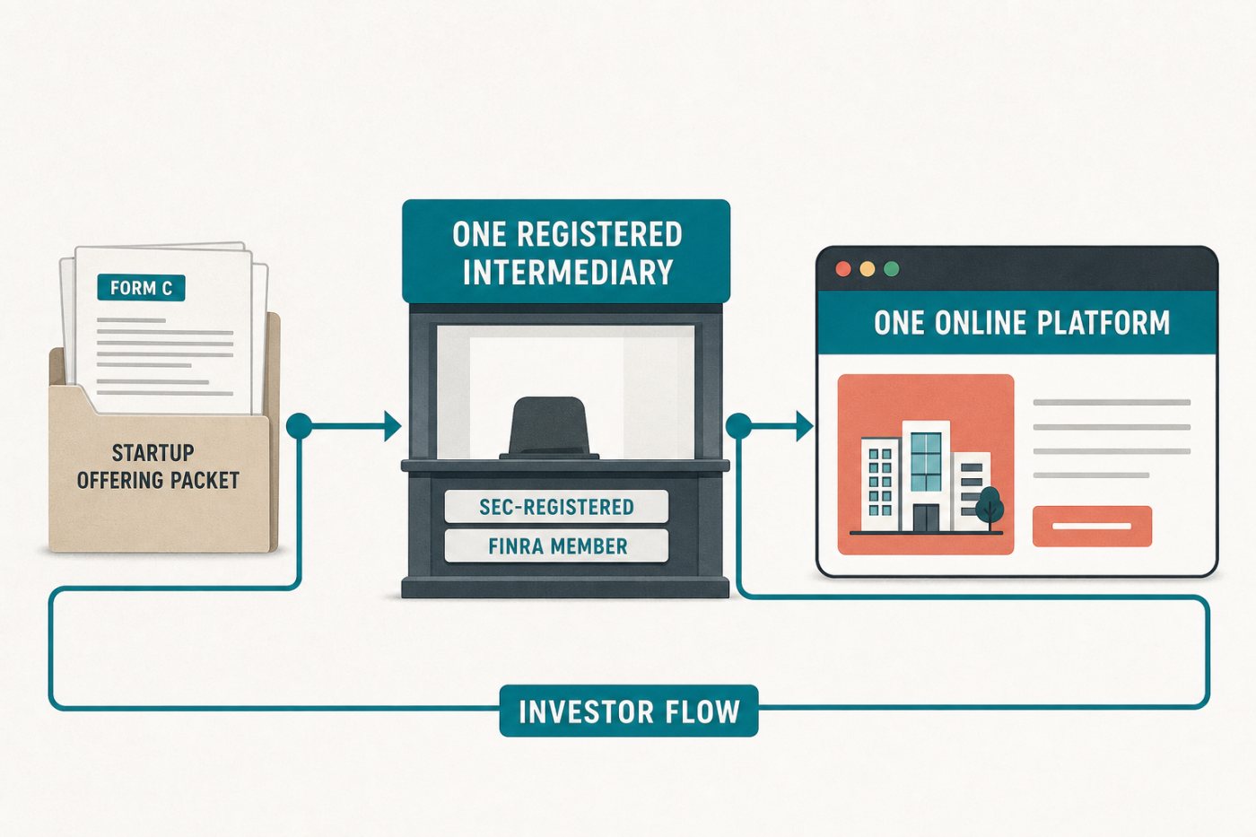 A startup routes its Regulation Crowdfunding offering exclusively through one verified registered intermediary.