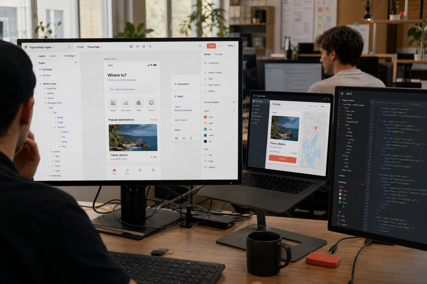 Figma Design Agent edits design layers, Figma Make builds a functional prototype, and MCP passes structured context to an external coding workflow.
