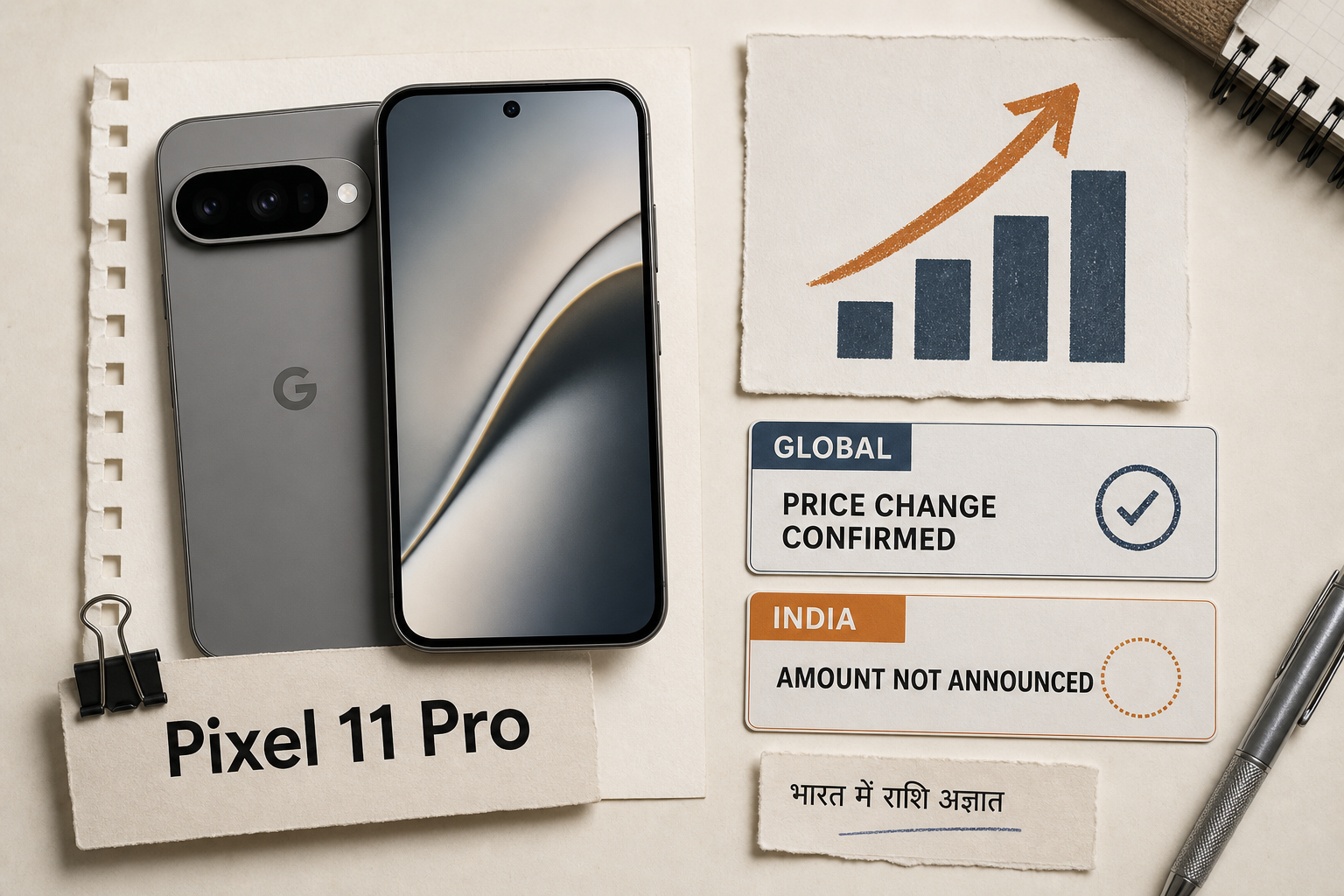 Pixel 11 Pro की संभावित बढ़ी कीमत और भारत की अभी अपुष्ट अंतिम कीमत दर्शाता मूल्य-पैनल