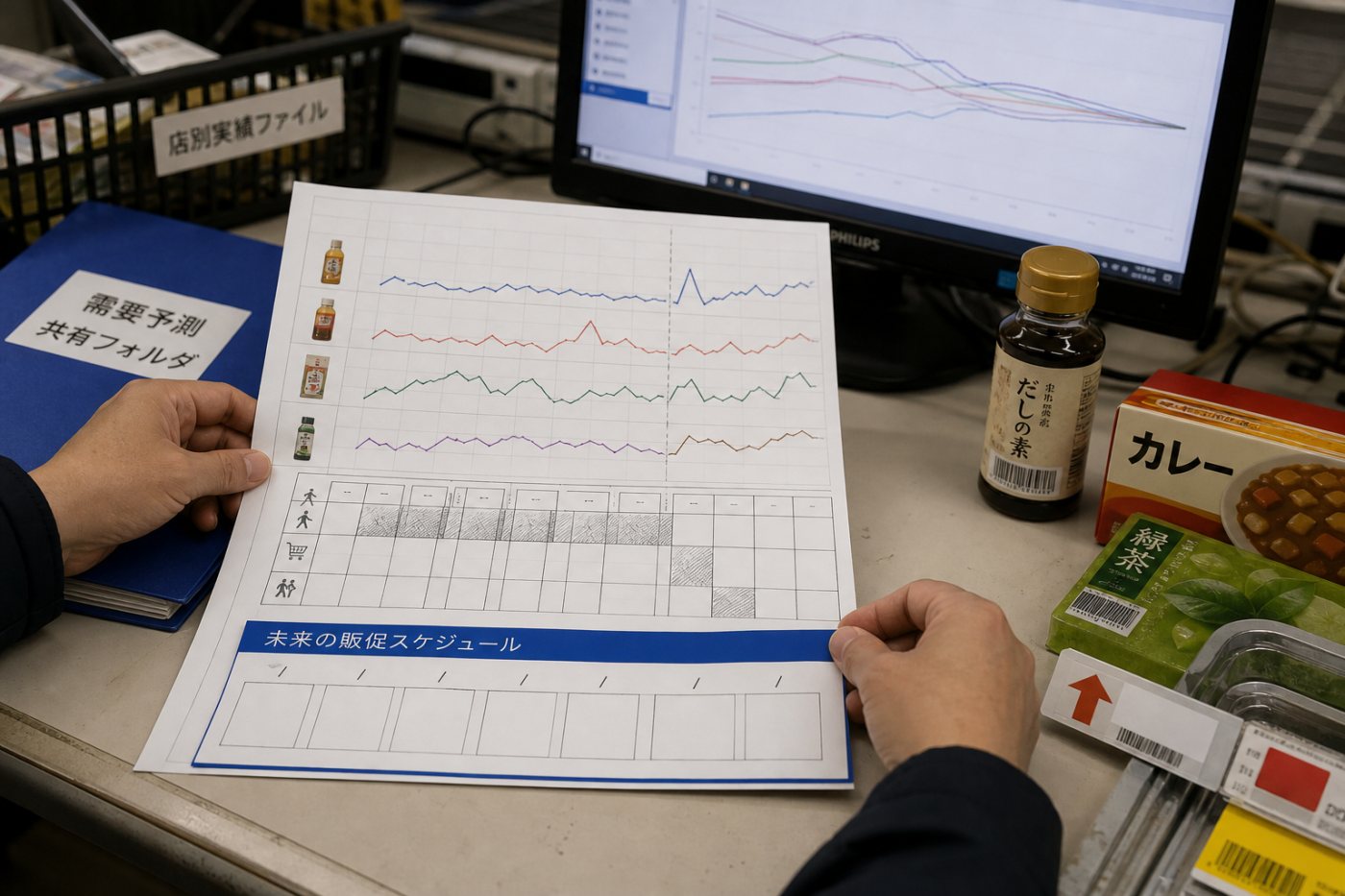 TimesFM-3が関連商品の需要、過去の客数、将来の販促計画を分けて入力し、複数系列を共同予測する