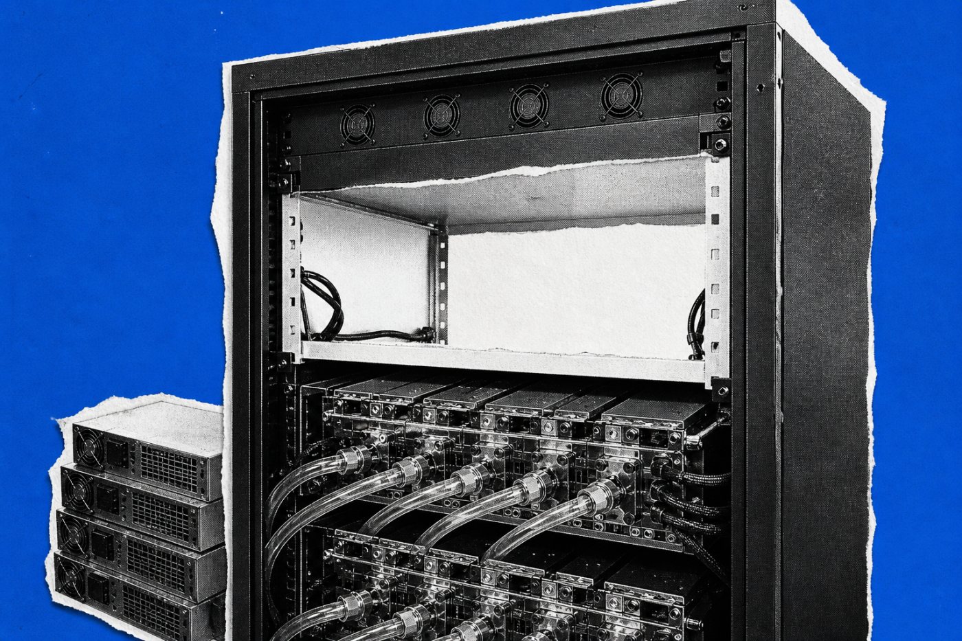 Rack d’IA libéré de ses blocs AC/DC, avec moins de chaleur liée à la conversion mais un refroidissement des processeurs toujours nécessaire.