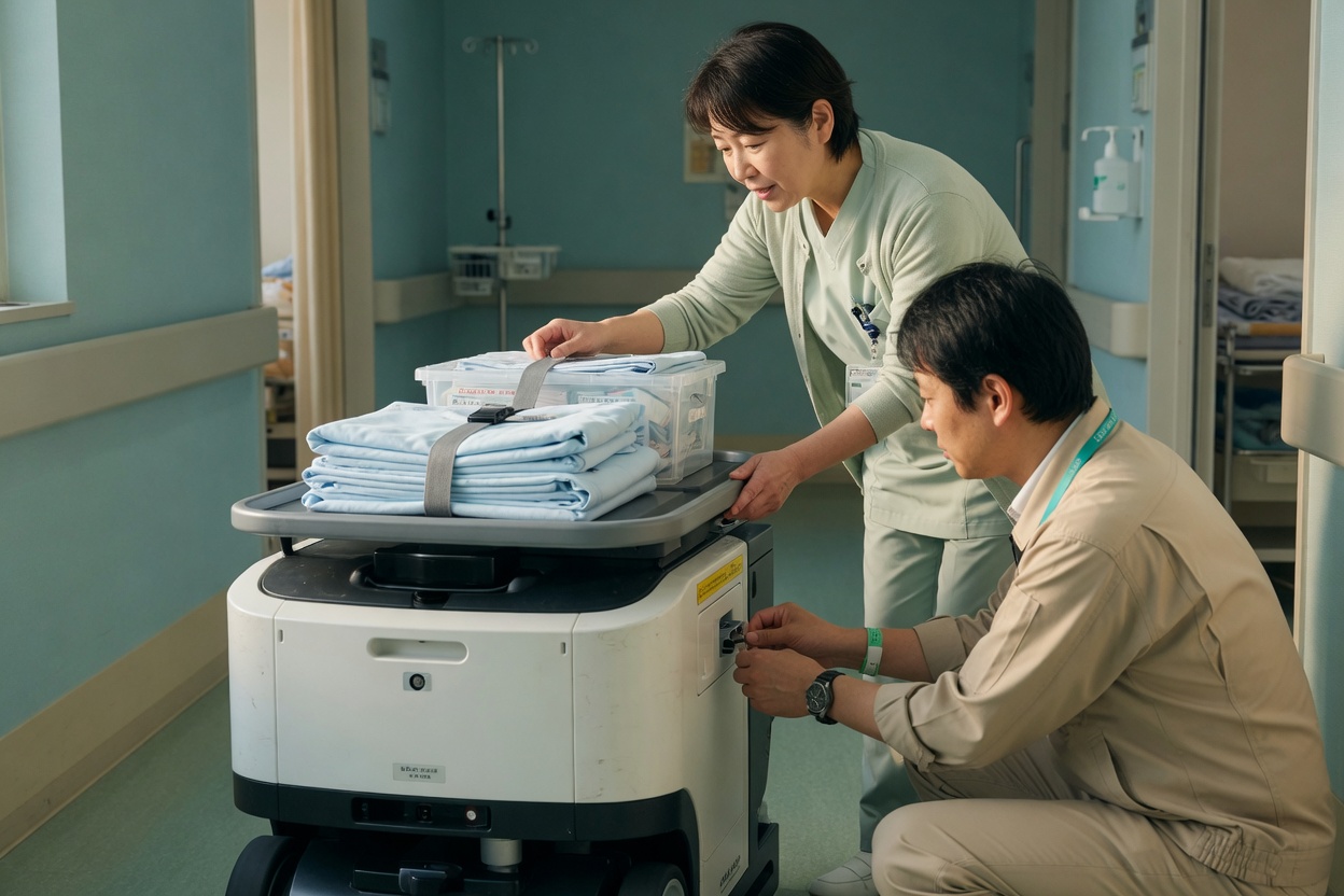 Medical team with autonomous robot for hospital transport