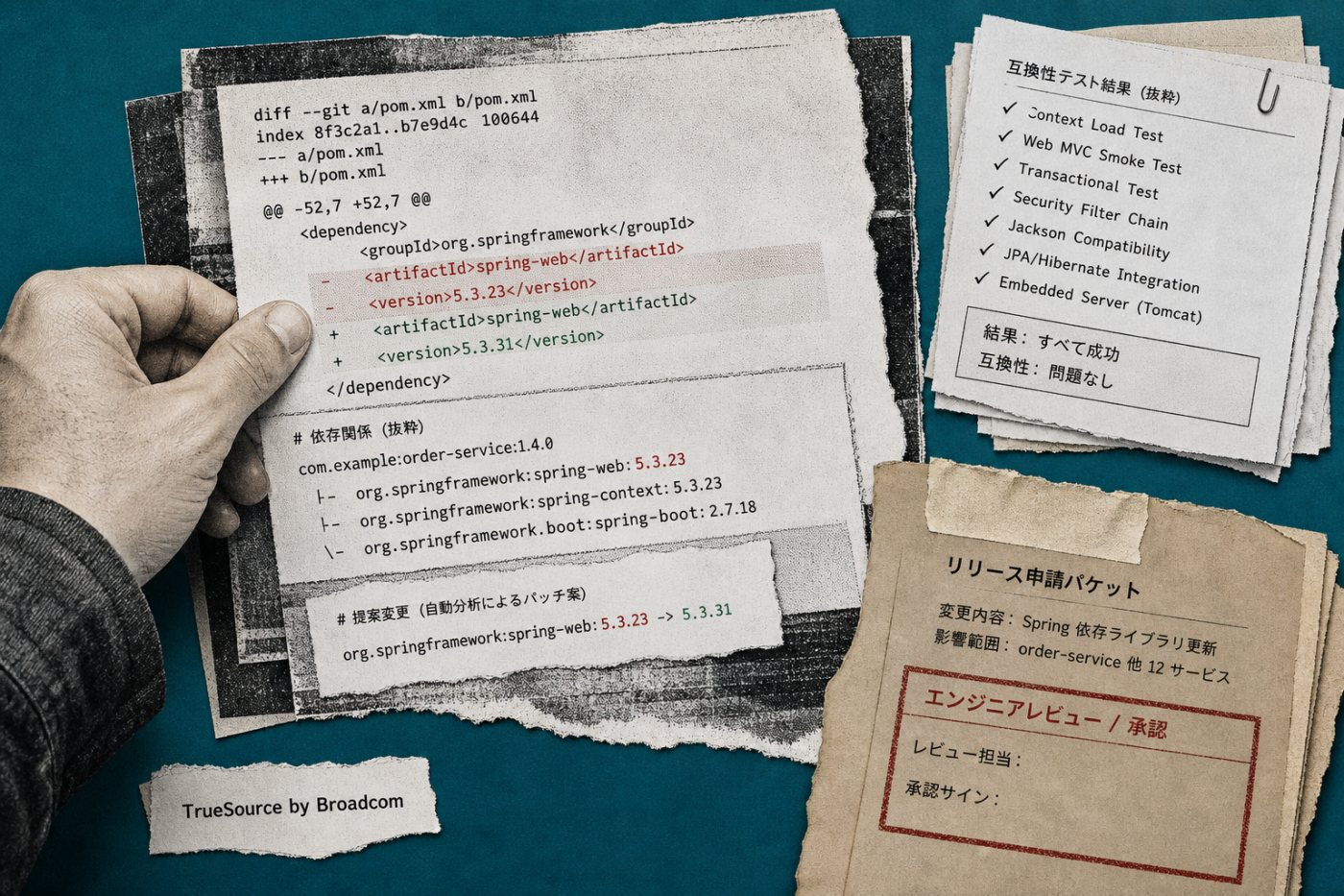 TrueSourceでAI走査後のSpring修正差分とテスト結果を技術者が検証する工程