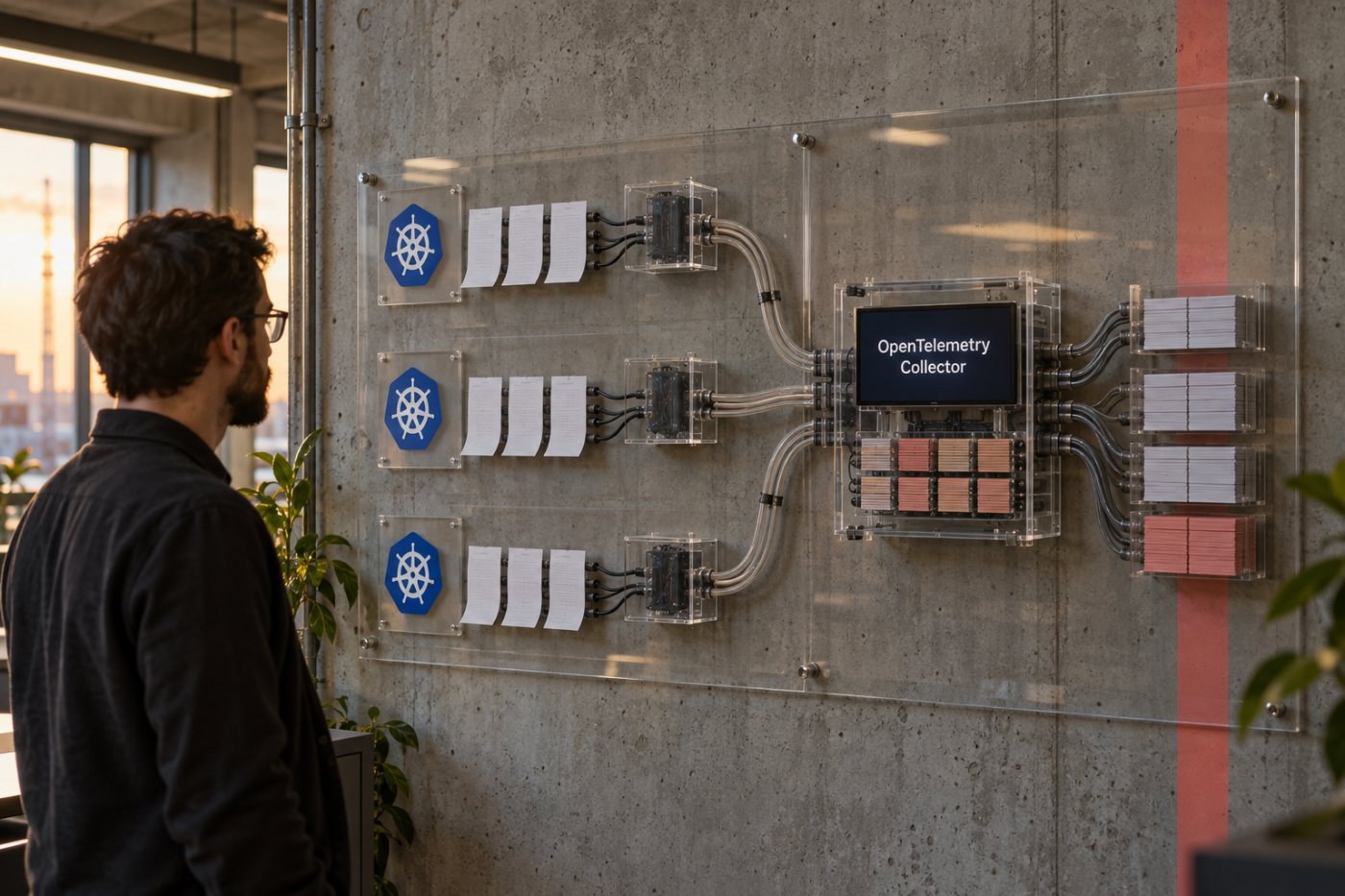 Fluent Bit אוסף לוגים ליד ה־nodes ב־Kubernetes, ו־OpenTelemetry Collector מרכז את העיבוד בשכבת gateway.
