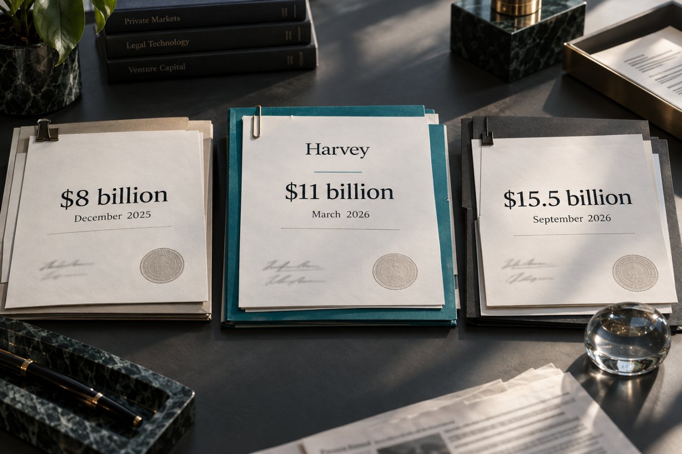 Sequência das avaliações da Harvey, de US$ 8 bilhões em dezembro de 2025 a US$ 15,5 bilhões em setembro de 2026