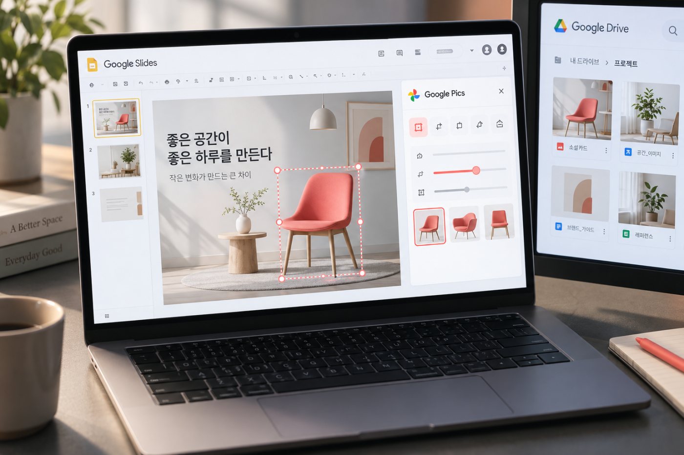 Google Slides의 이미지가 Google Pics 편집으로 연결되고 관련 작업물이 Drive에서 관리되는 흐름
