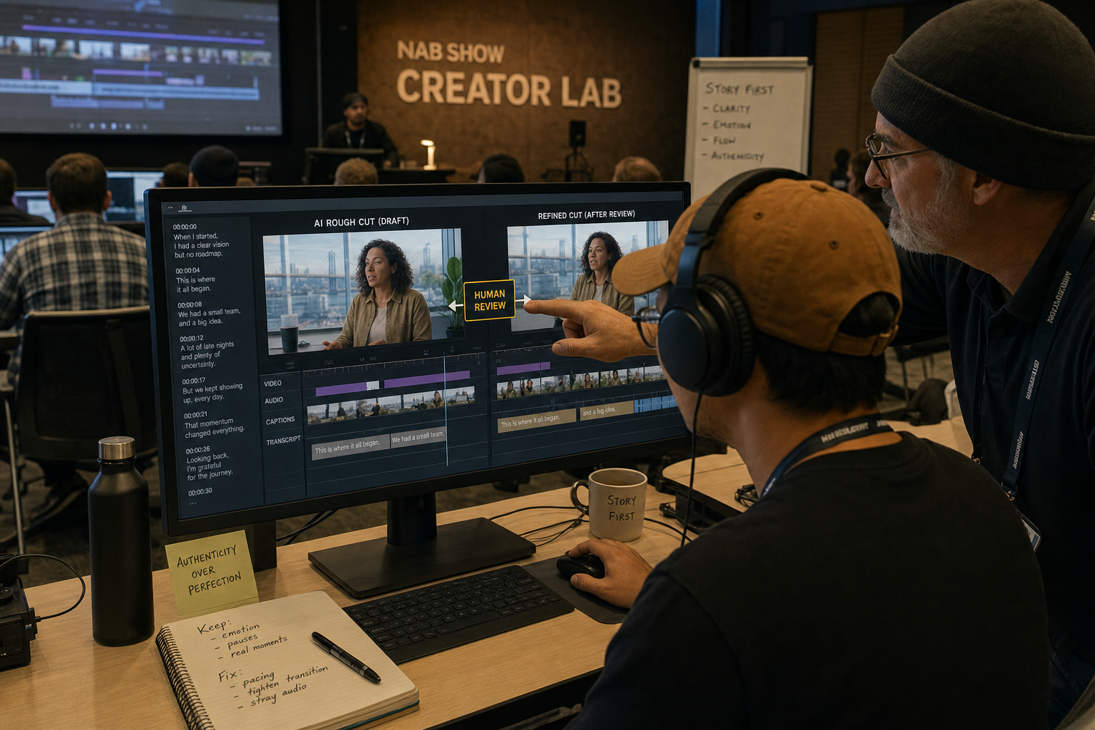A creator reviews an AI-assisted video draft in a hands-on classroom while an instructor highlights human editing and approval steps.