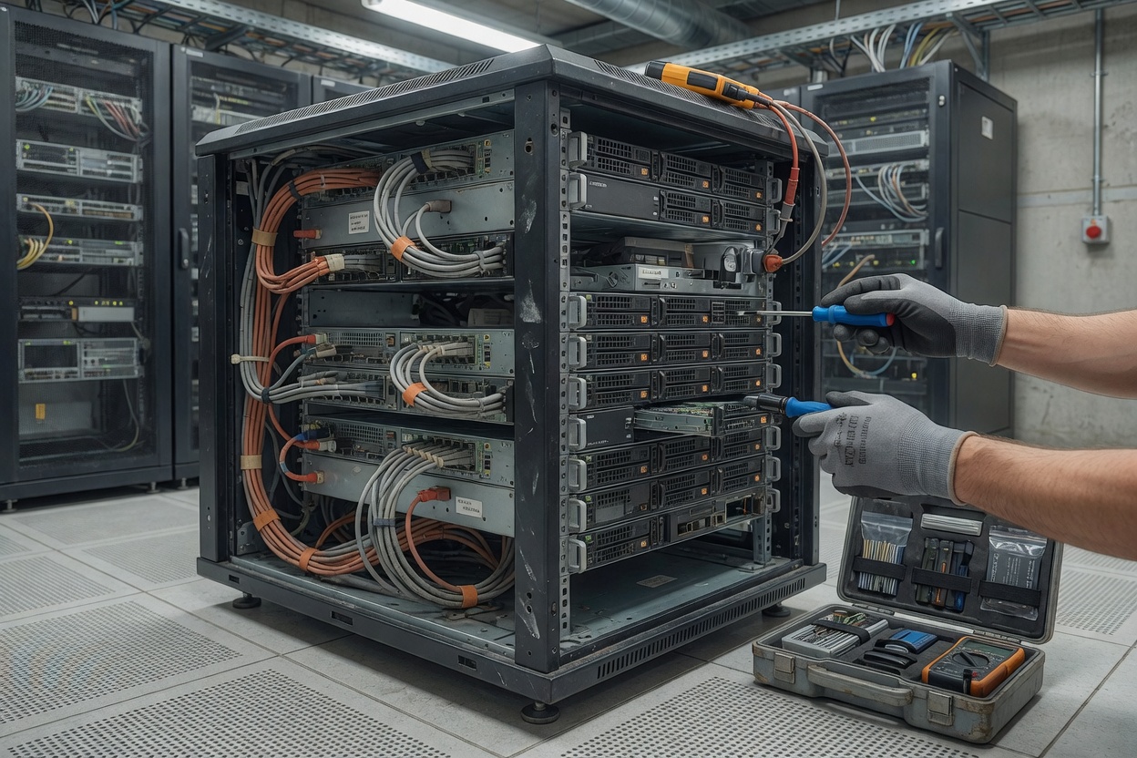 Security specialist reviewing physical Microsoft server equipment for SharePoint and AD FS in an enterprise server room