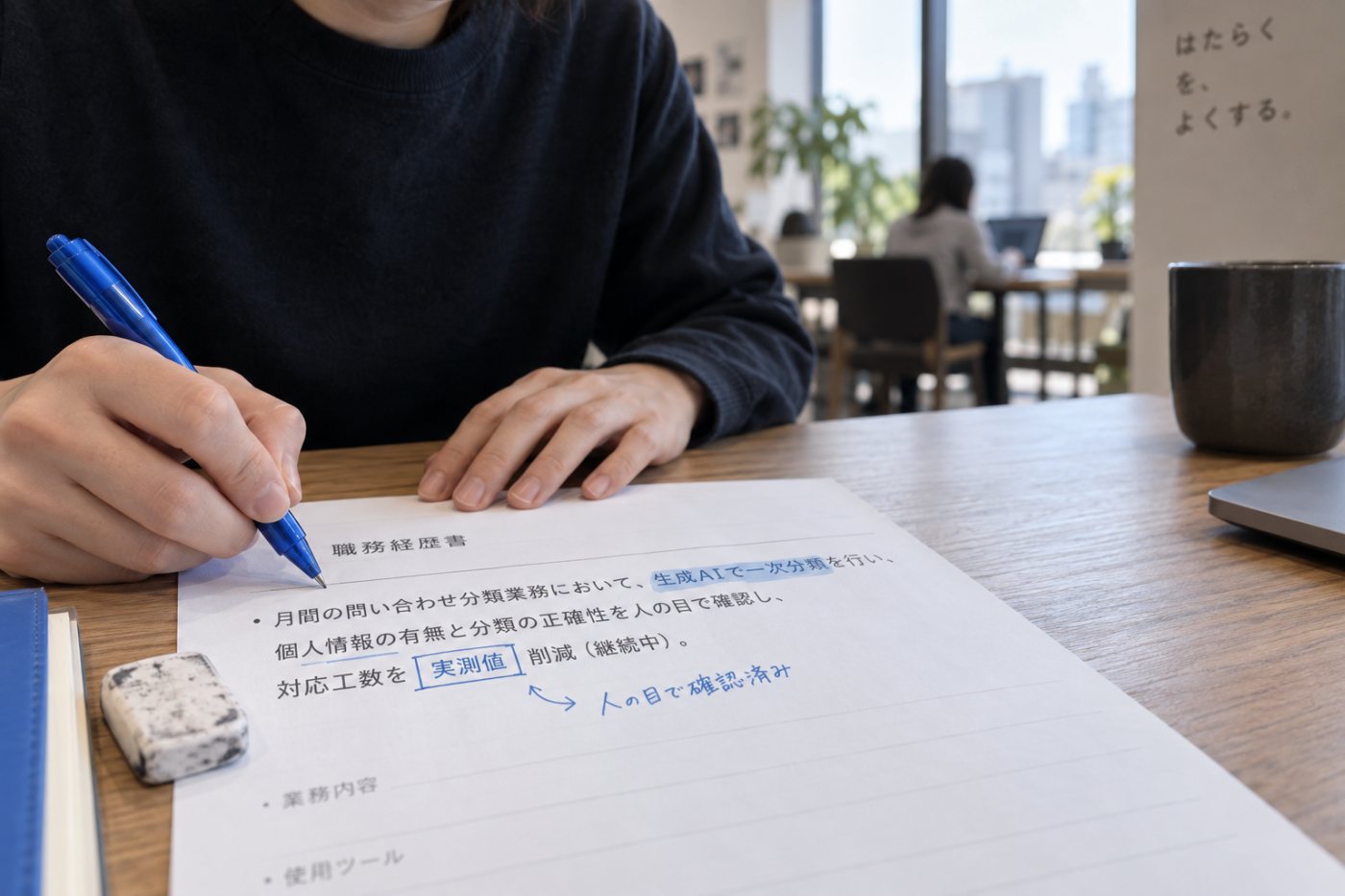 課題、AIの利用方法、人の確認、実測成果を一行にまとめる履歴書修正