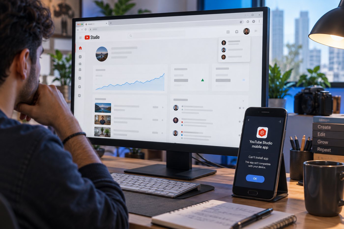 إدارة قناة YouTube عبر المتصفح عند تعذر تحديث تطبيق Studio على الهاتف