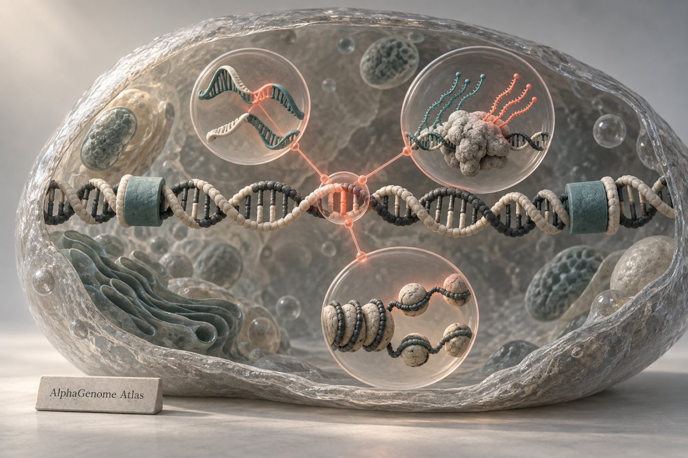 AlphaGenome Atlas muestra los efectos moleculares previstos de una variante no codificante.