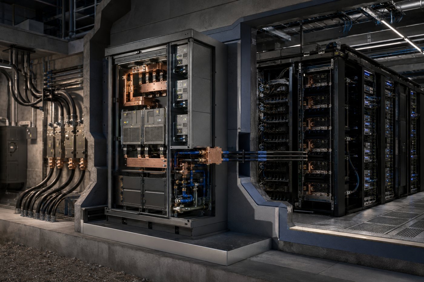EPC Power conversion equipment linking facility electricity to high-density AI racks through an 800V architecture.