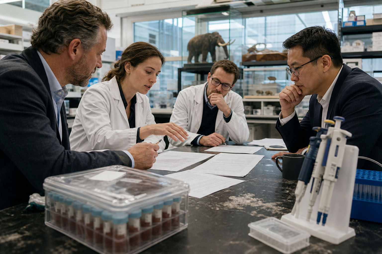 Investors and company representatives discuss a potential funding round beside genetic research materials